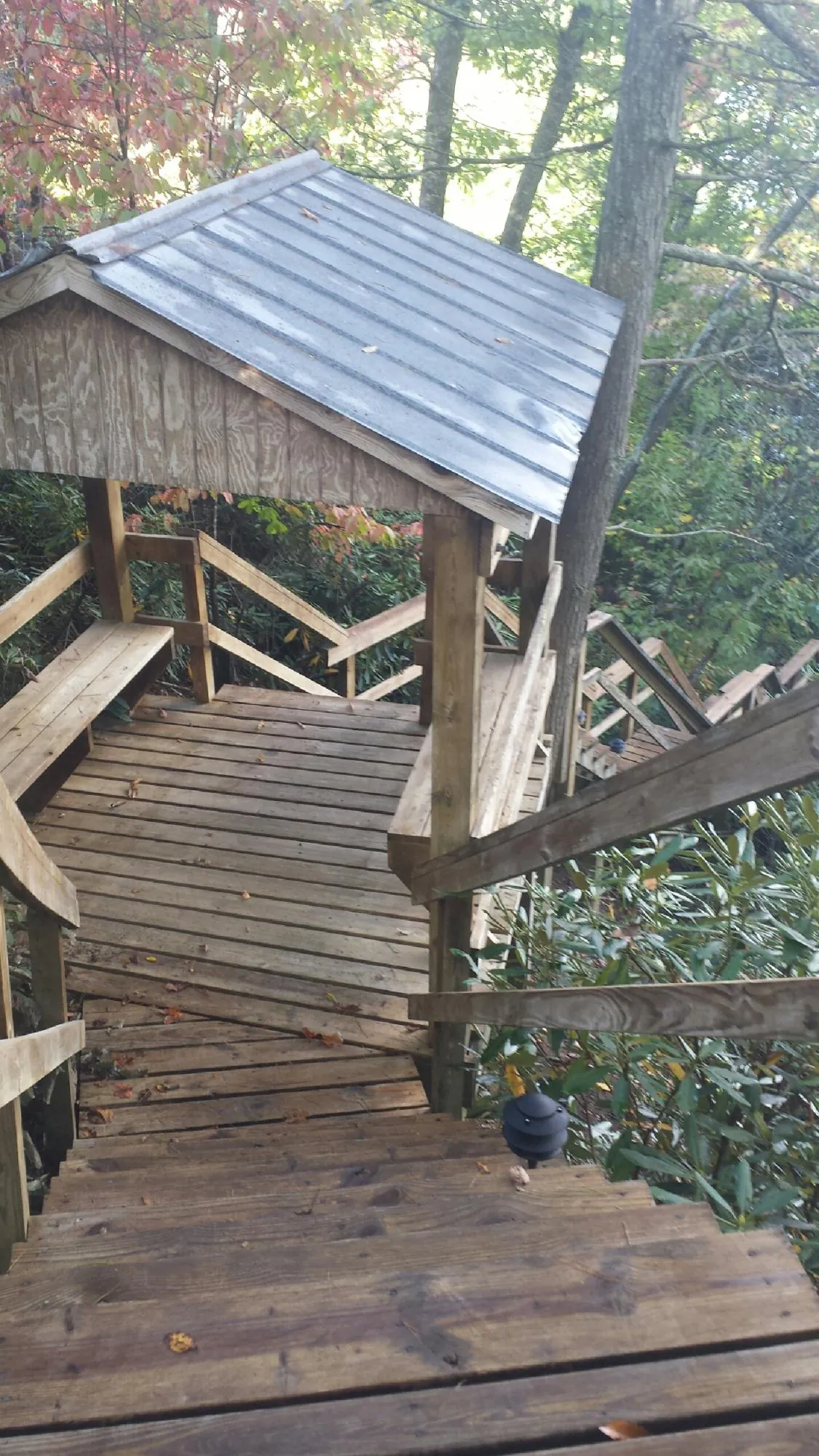 Metal roofed shelter over wooden steps on a wooded walkway — Skylight Repair & Installation work by our crew in McCall
